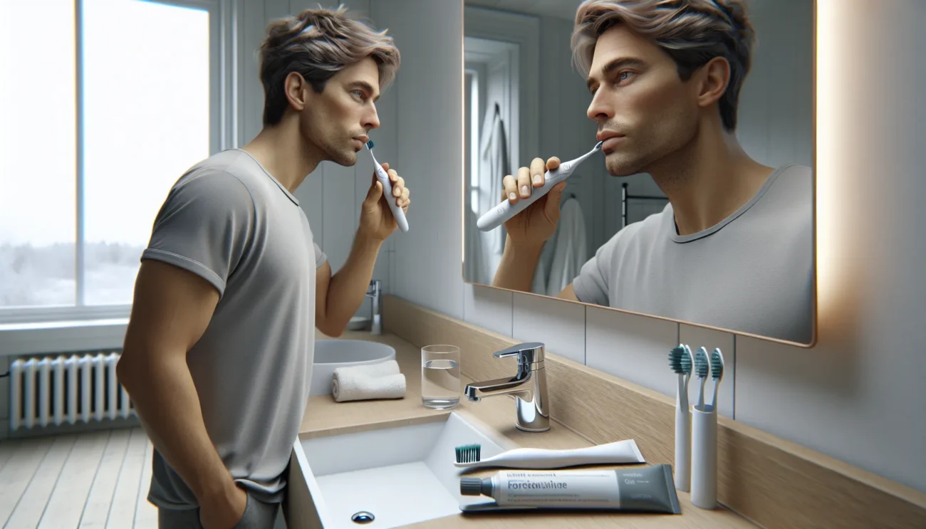 Adult in norway brushing gently at gumline with floss and interdental brushes nearby