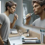 Adult in norway brushing gently at gumline with floss and interdental brushes nearby