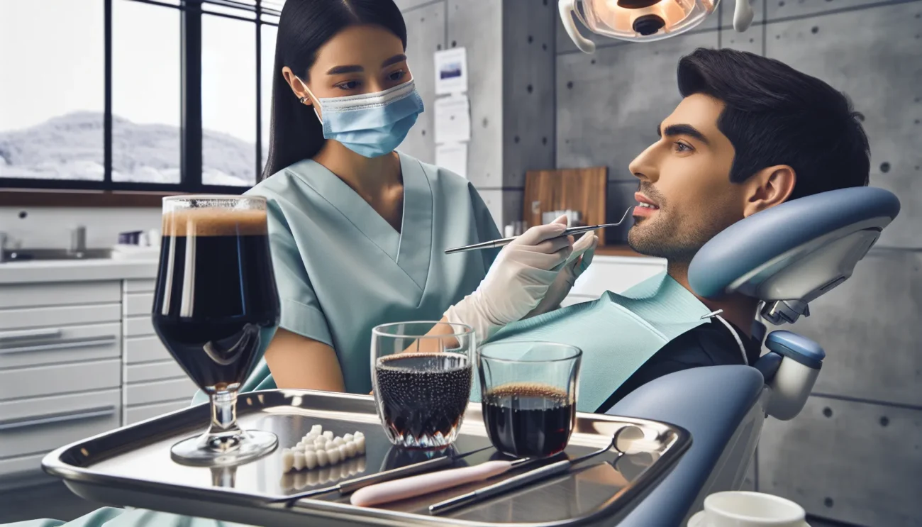 Dentist compares tooth shade while coffee and red wine sit nearby