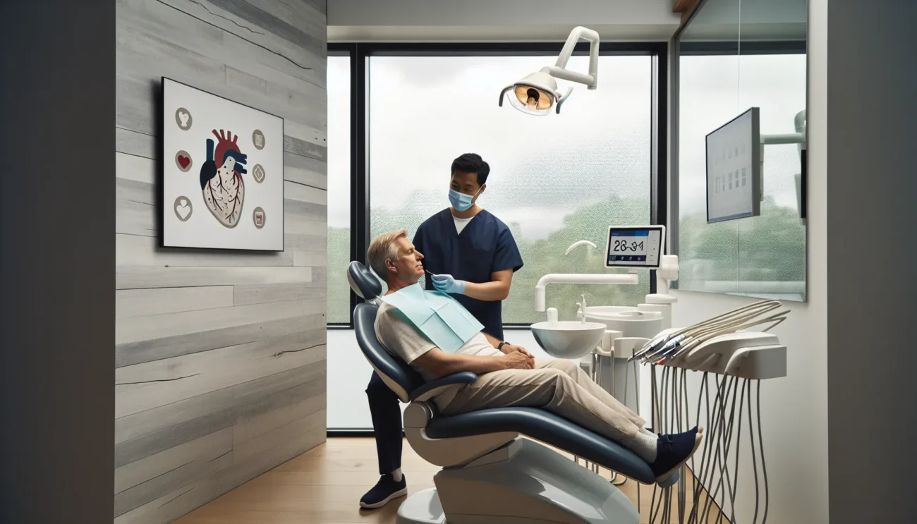Dentist examining a patient s gums with monitor showing heart and diabetes links