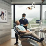 Dentist examining a patient s gums with monitor showing heart and diabetes links