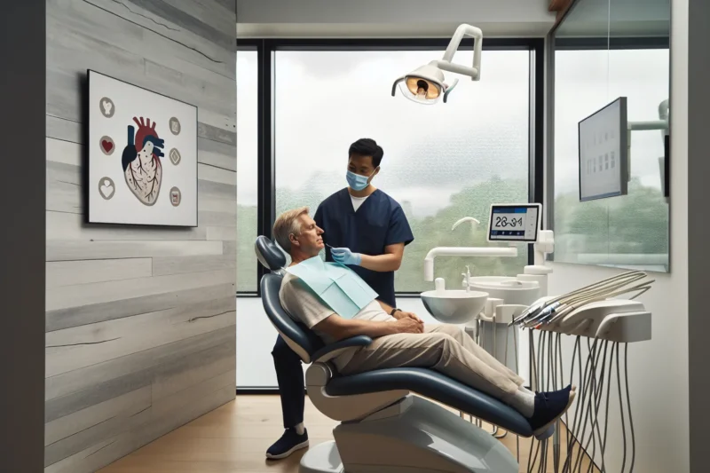 Dentist examining a patient s gums with monitor showing heart and diabetes links