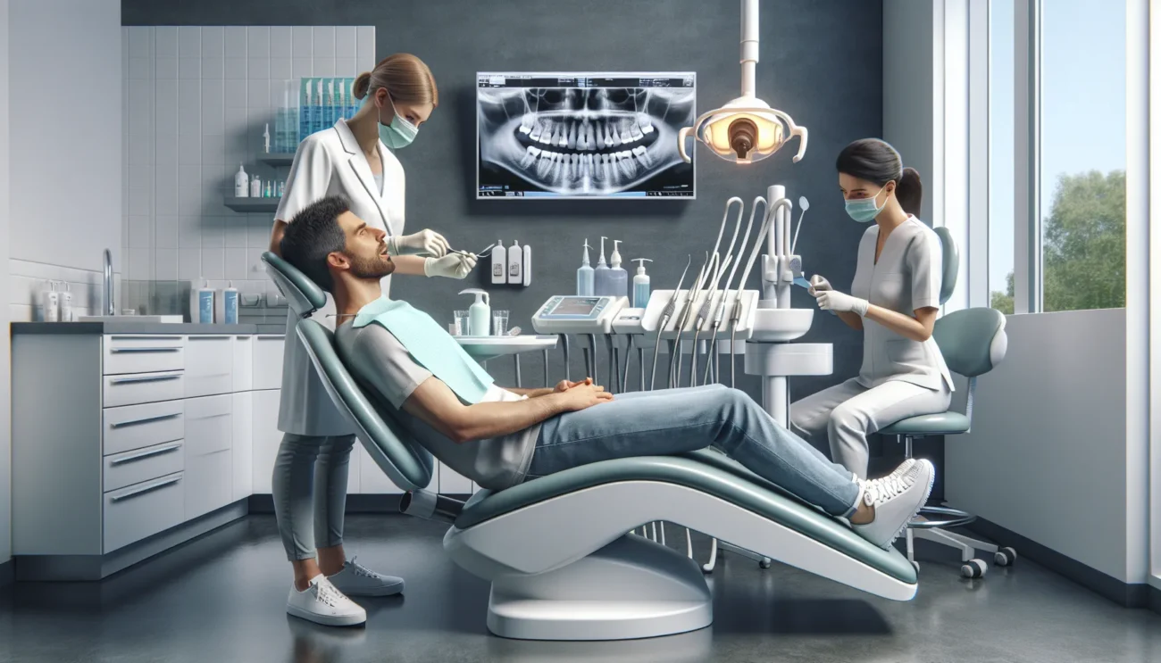 Dentist performing a preventive check up with x ray visible in a norwegian clinic