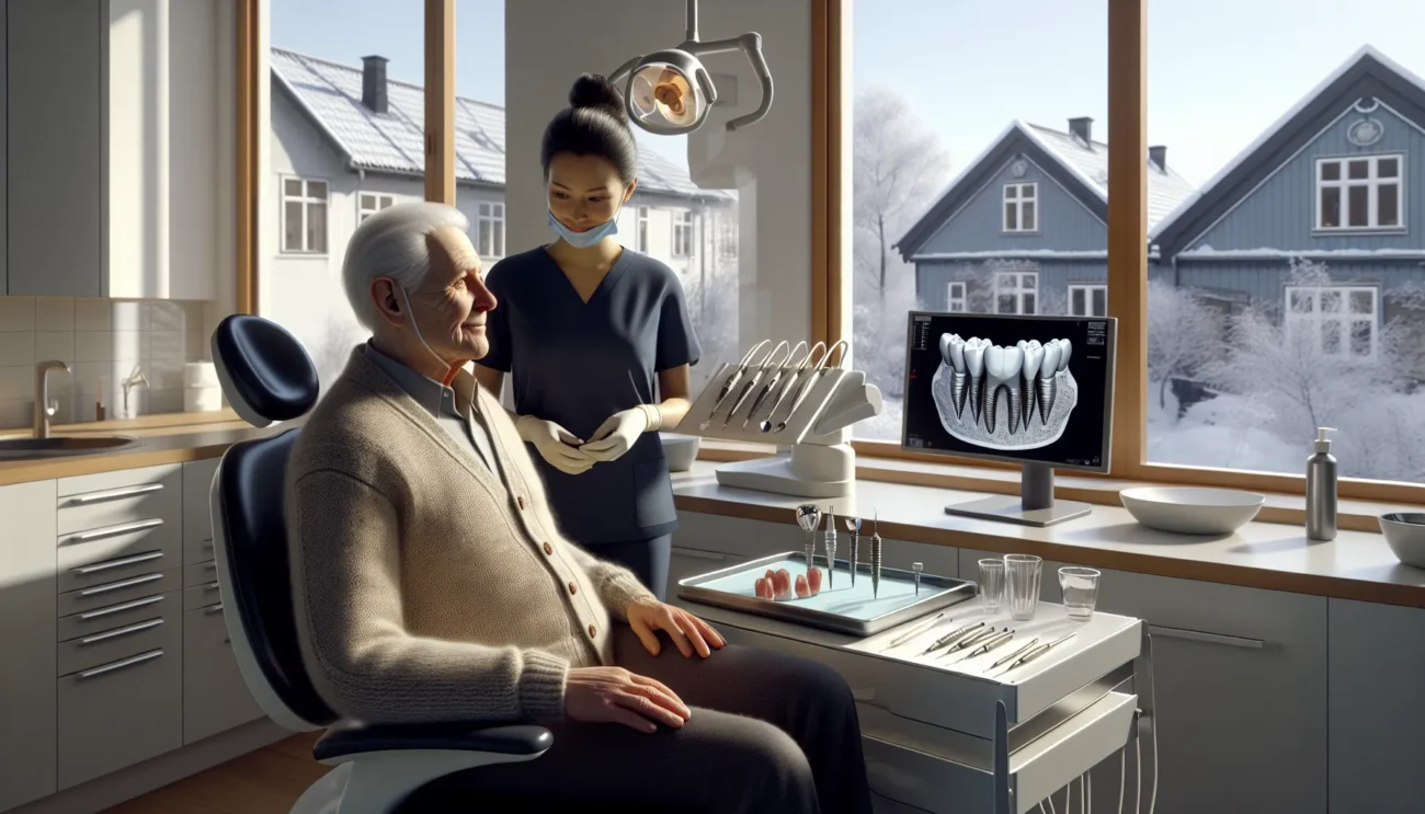 Elderly patient in a norwegian dental clinic learning about dental implants