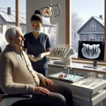 Elderly patient in a norwegian dental clinic learning about dental implants