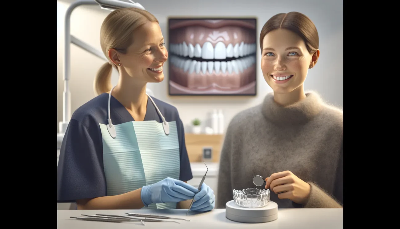 Orthodontist in norway showing an adult patient clear aligners and improved smile