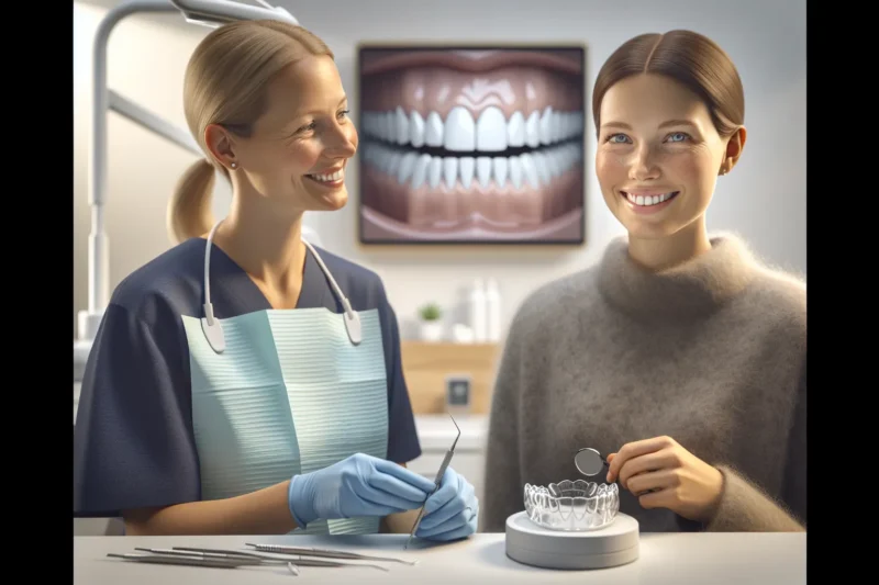 Orthodontist in norway showing an adult patient clear aligners and improved smile