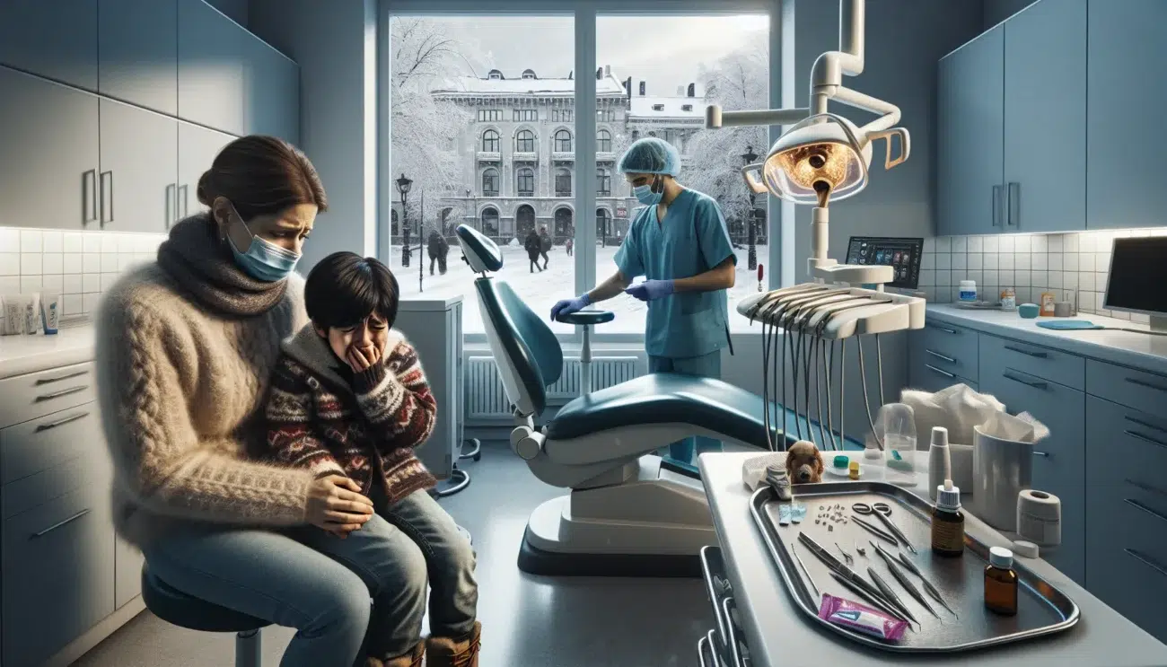 Parent comforts child with toothache while dentist prepares an examination in norway