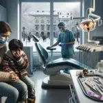 Parent comforts child with toothache while dentist prepares an examination in norway