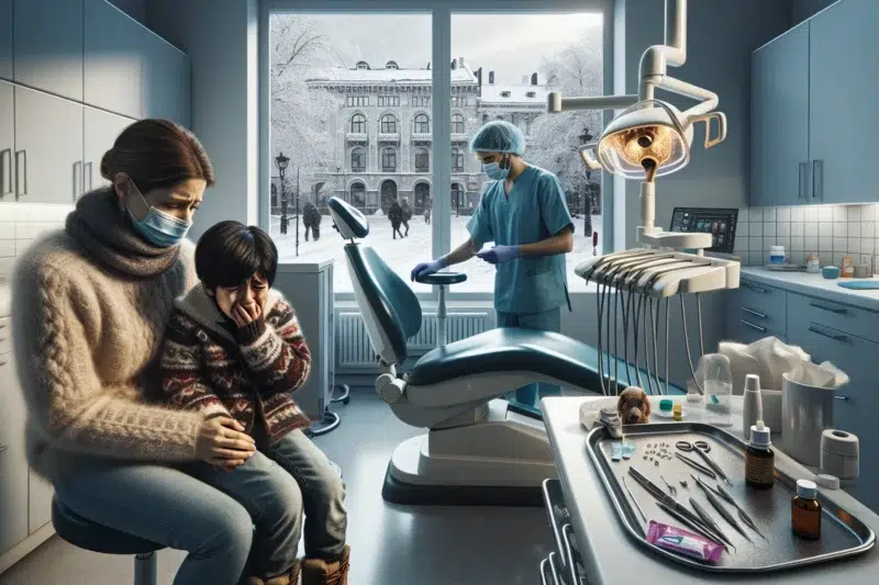 Parent comforts child with toothache while dentist prepares an examination in norway