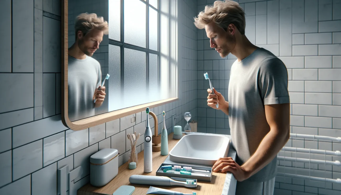 Person in a norwegian bathroom comparing electric and manual toothbrushes at sink
