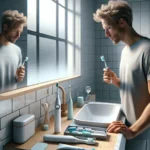 Person in a norwegian bathroom comparing electric and manual toothbrushes at sink