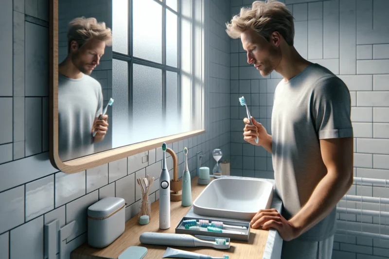 Person in a norwegian bathroom comparing electric and manual toothbrushes at sink