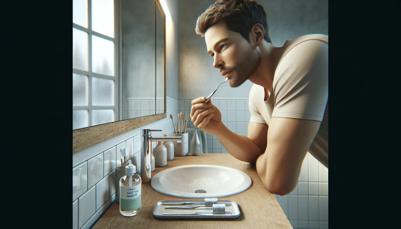 Person using a tongue scraper by a sink with floss and water bottle