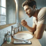 Person using a tongue scraper by a sink with floss and water bottle