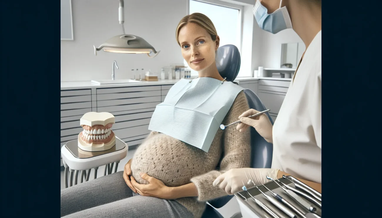 Pregnant woman in a norwegian dental clinic learning gentle gum care routines