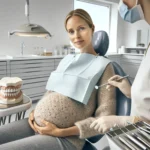 Pregnant woman in a norwegian dental clinic learning gentle gum care routines